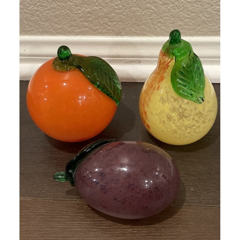 Murano Style Glass Eggplant Orange Pear Fruit‎ Vegetable Handblown Set Of 3